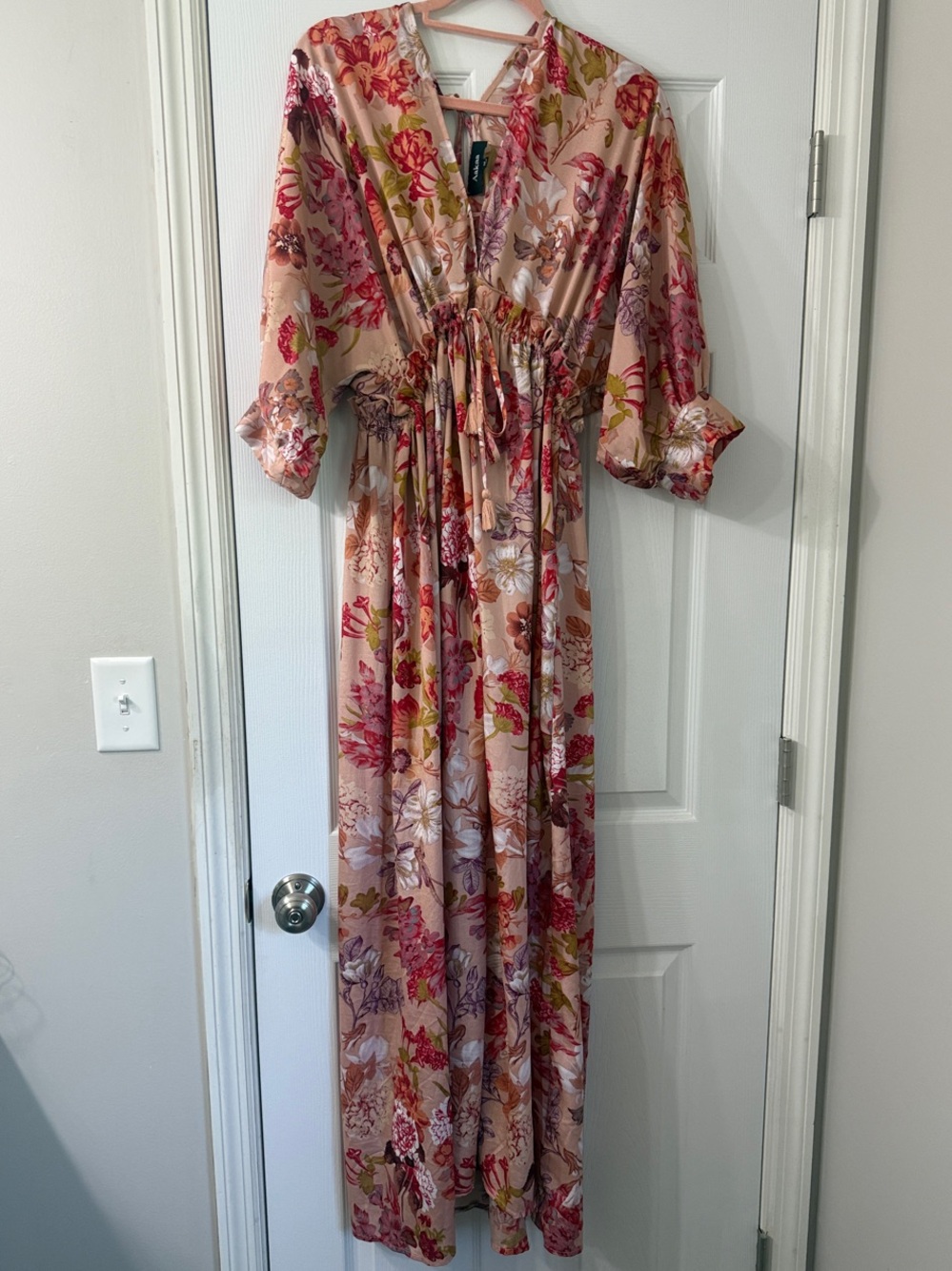 Aakaa Blush Floral Maxi Dress with Pink and Green Accents